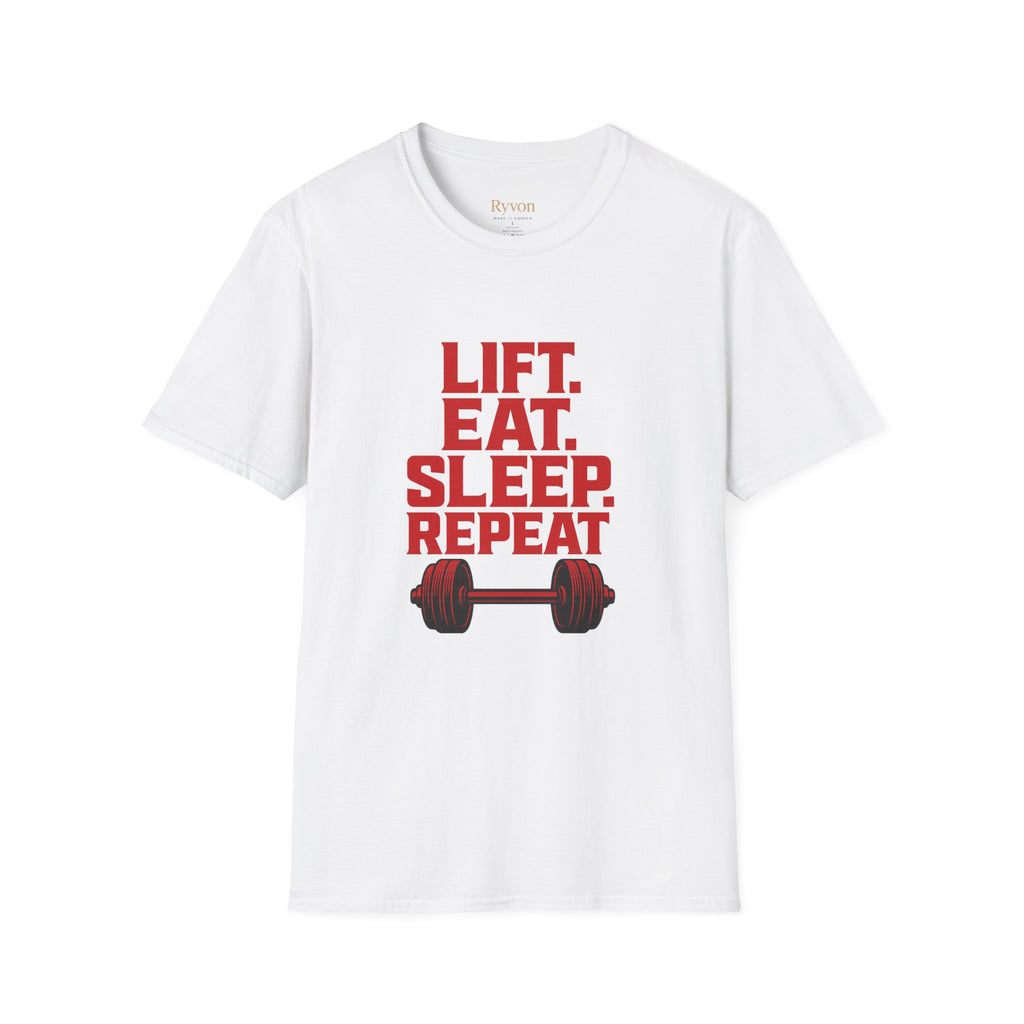 Lift. Eat. Sleep. Repeat. T-Shirt — Workout Gym Tee with Barbell Graphic