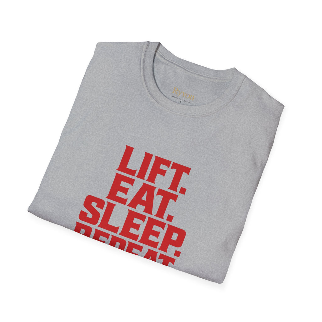 Lift. Eat. Sleep. Repeat. T-Shirt — Workout Gym Tee with Barbell Graphic