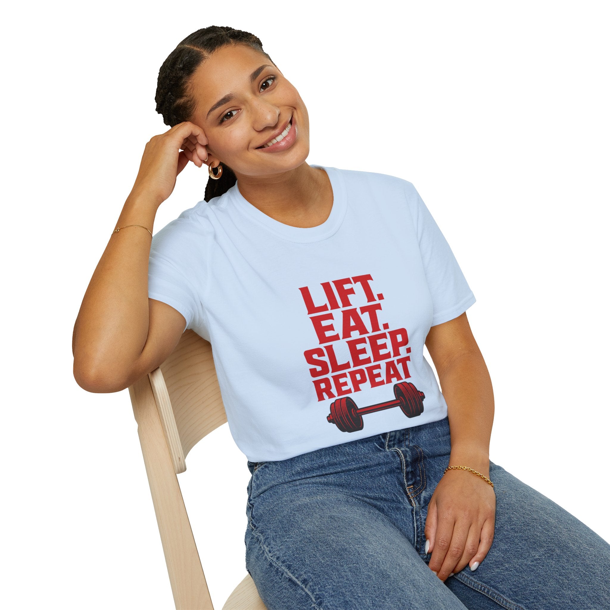Lift. Eat. Sleep. Repeat. T-Shirt — Workout Gym Tee with Barbell Graphic