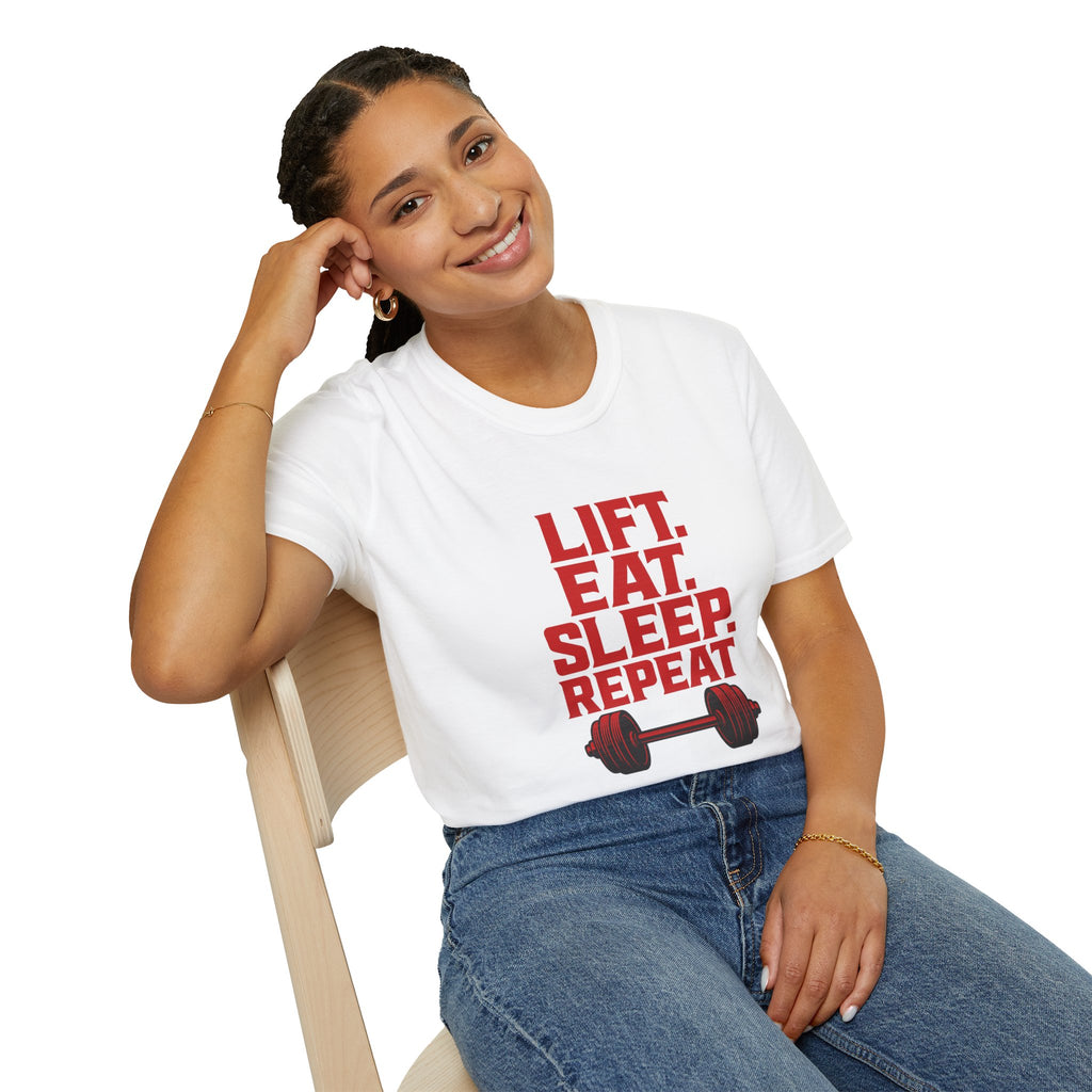 Lift. Eat. Sleep. Repeat. T-Shirt — Workout Gym Tee with Barbell Graphic