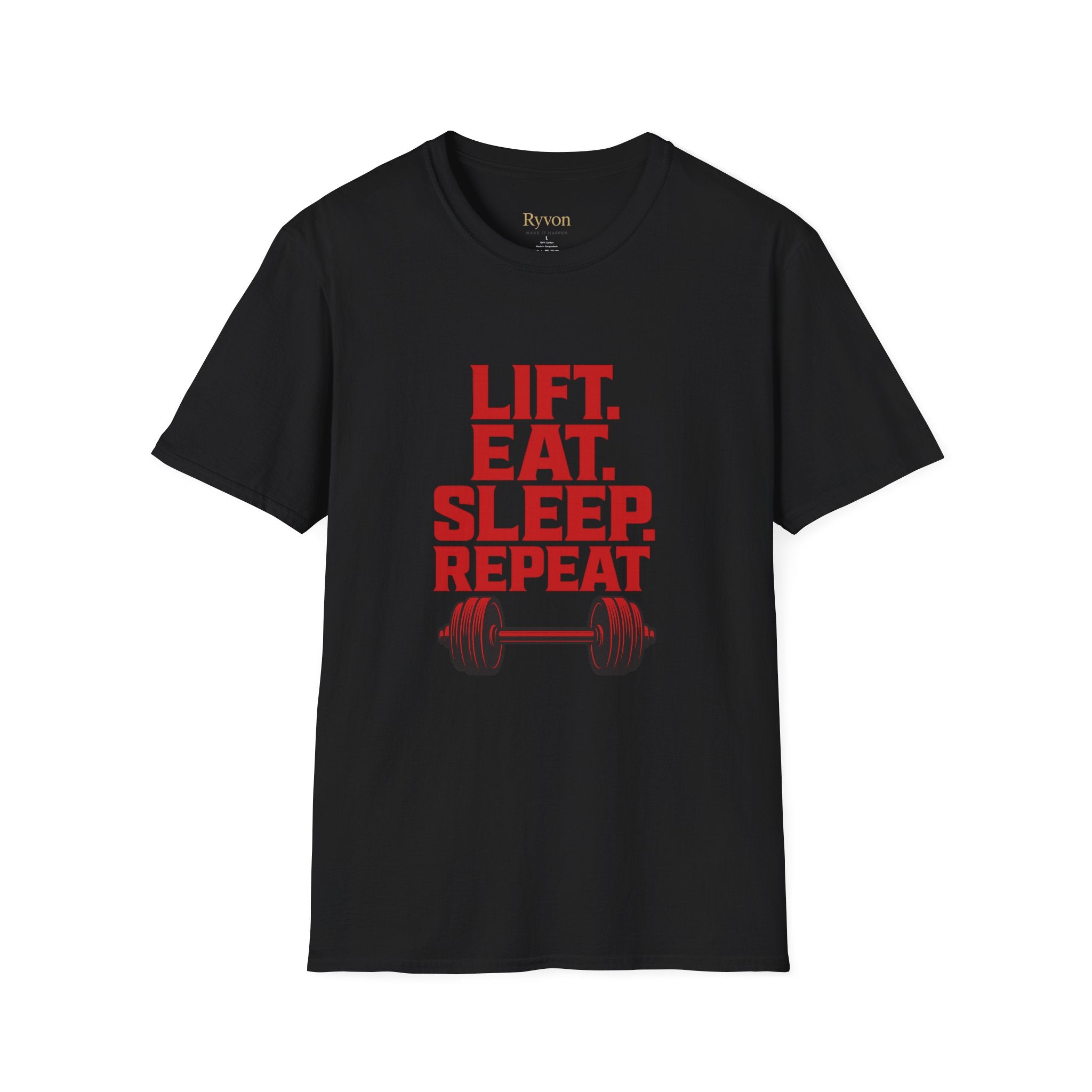 Lift. Eat. Sleep. Repeat. T-Shirt — Workout Gym Tee with Barbell Graphic