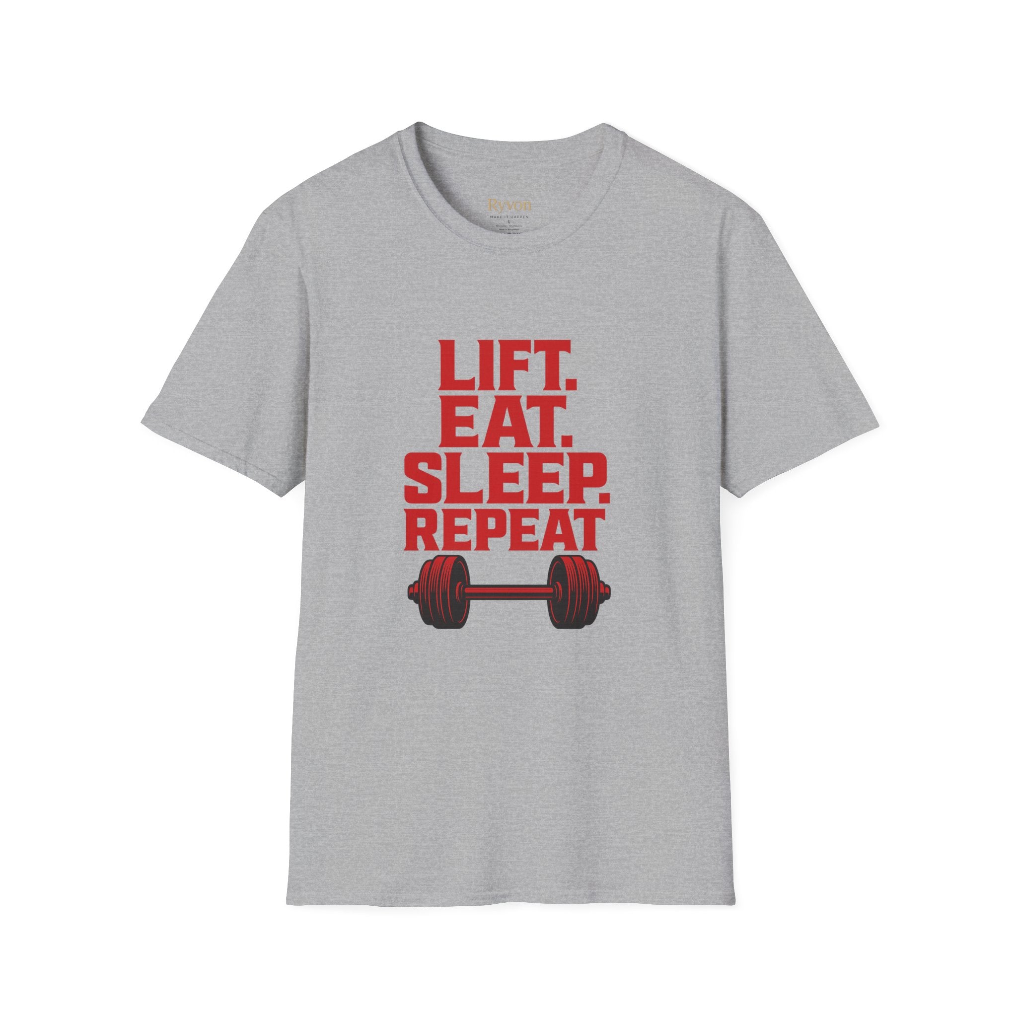 Lift. Eat. Sleep. Repeat. T-Shirt — Workout Gym Tee with Barbell Graphic