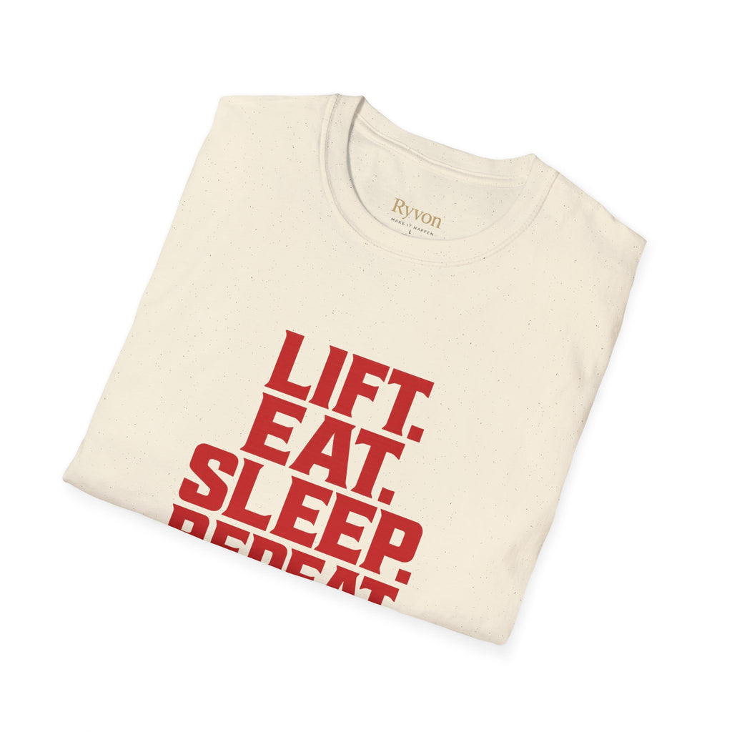 Lift. Eat. Sleep. Repeat. T-Shirt — Workout Gym Tee with Barbell Graphic