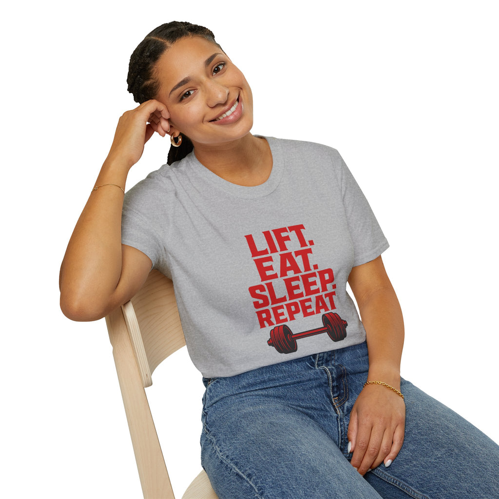 Lift. Eat. Sleep. Repeat. T-Shirt — Workout Gym Tee with Barbell Graphic
