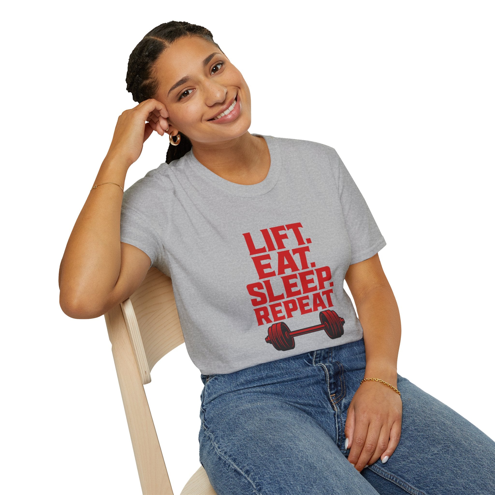 Lift. Eat. Sleep. Repeat. T-Shirt — Workout Gym Tee with Barbell Graphic
