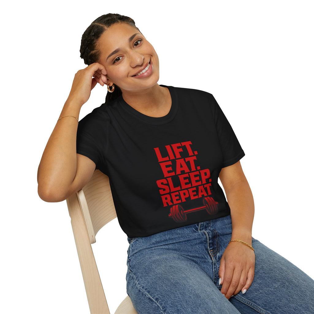 Lift. Eat. Sleep. Repeat. T-Shirt — Workout Gym Tee with Barbell Graphic