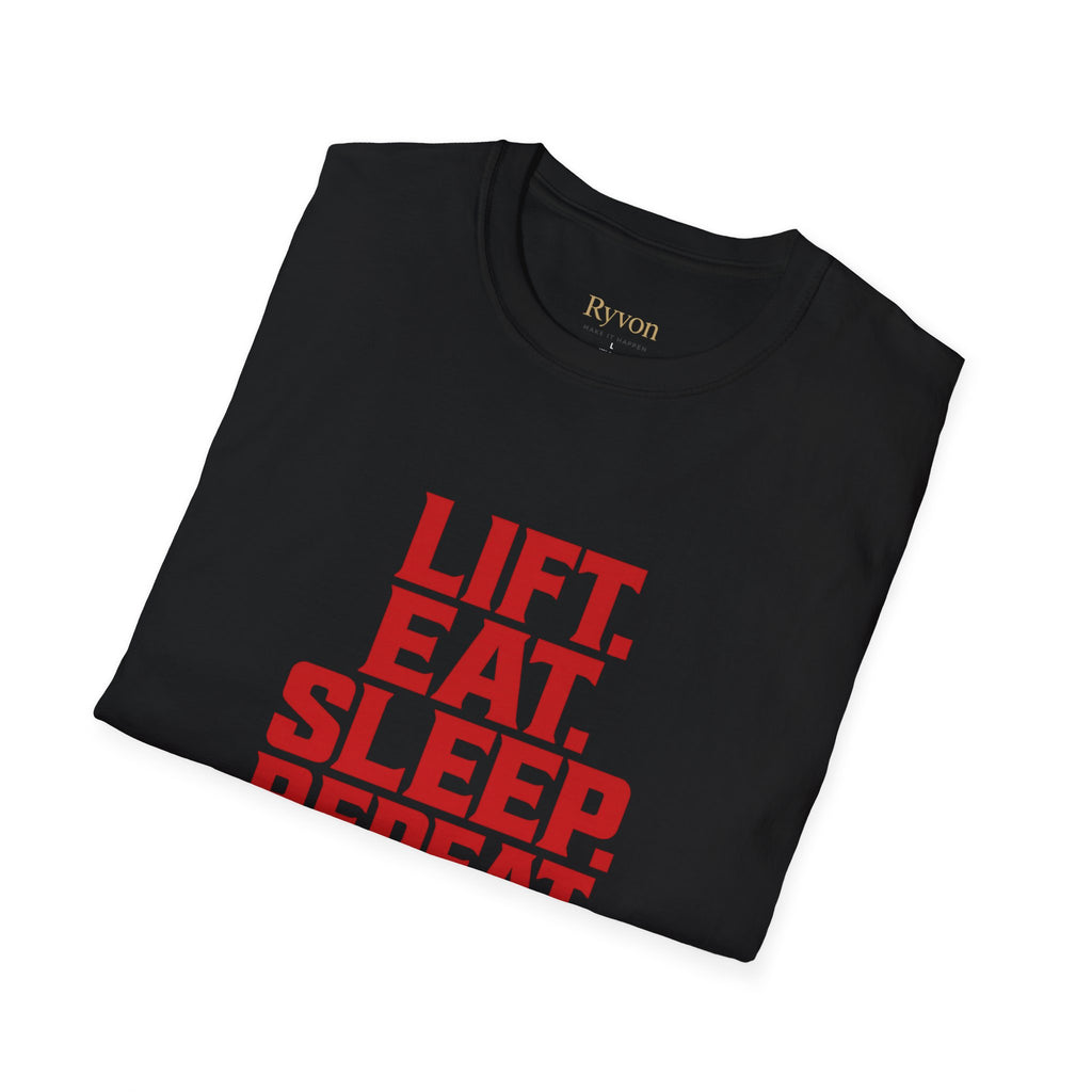 Lift. Eat. Sleep. Repeat. T-Shirt — Workout Gym Tee with Barbell Graphic